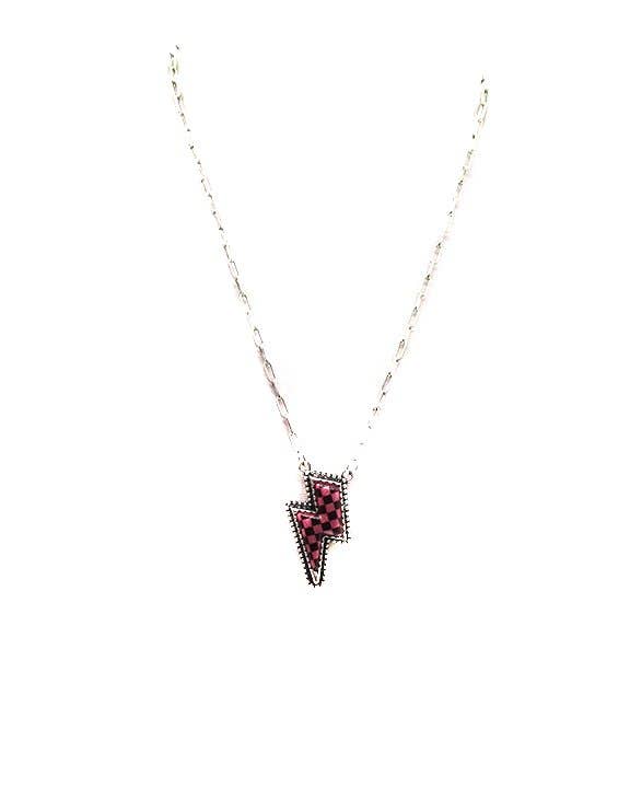 Black and pink Checkered lightning bolt necklace with western-style pendant design