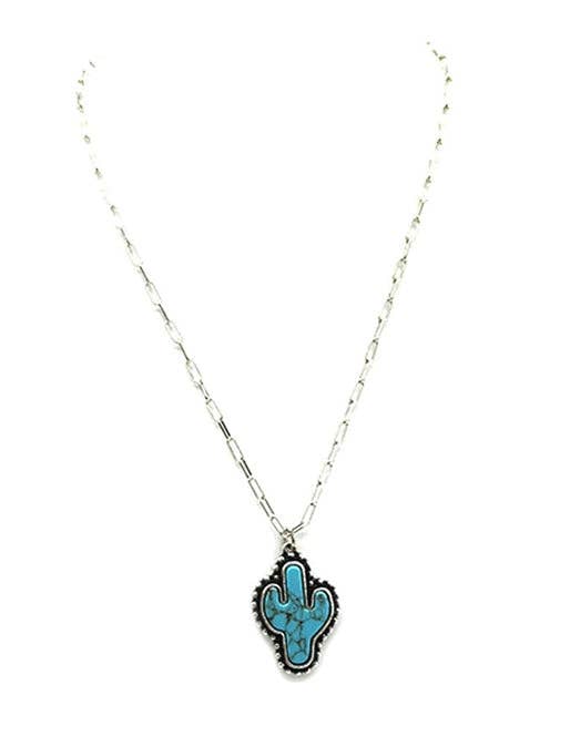 Turquoise cactus necklace with western desert style design on silver chain