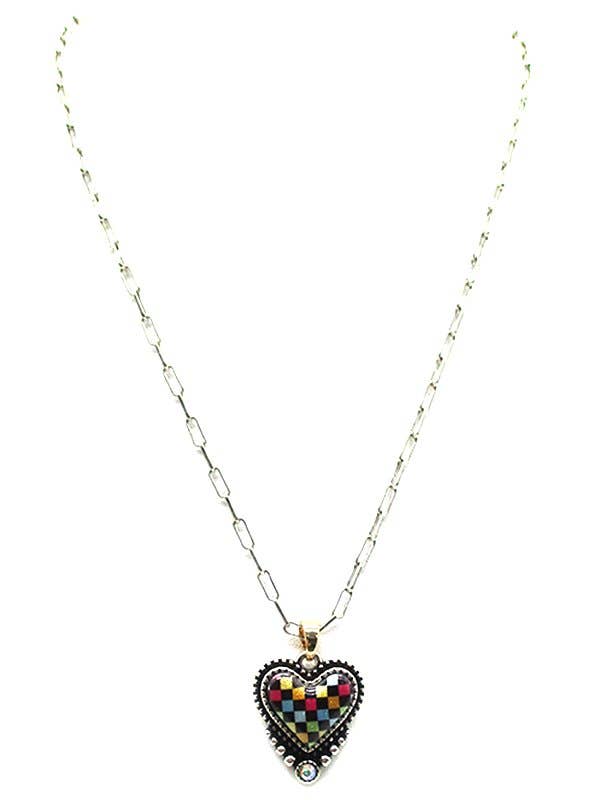 Rainbow checkered heart pendant necklace on chain