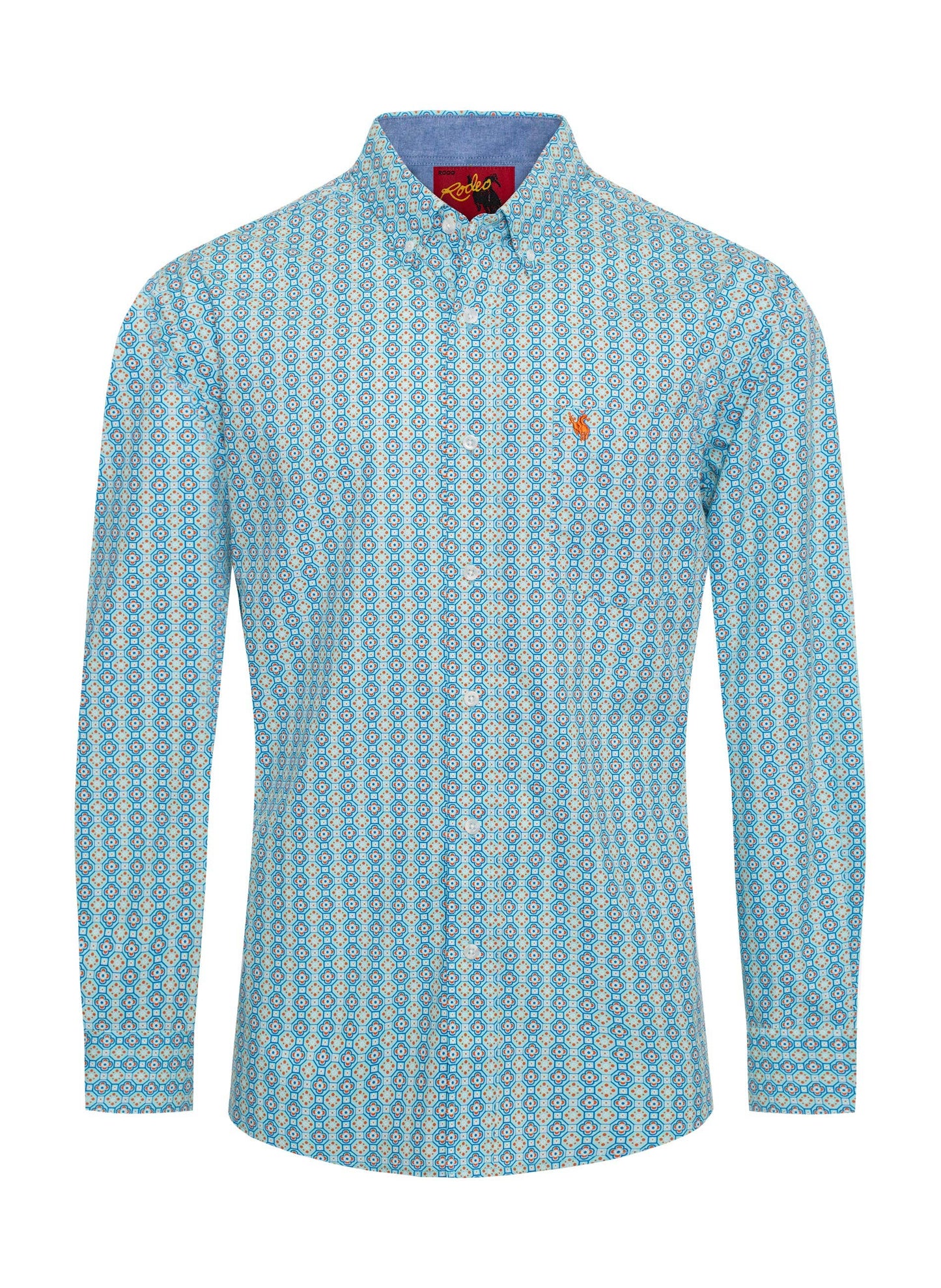 Men’s Long Sleeve Western Shirt – Blue Geo Print
