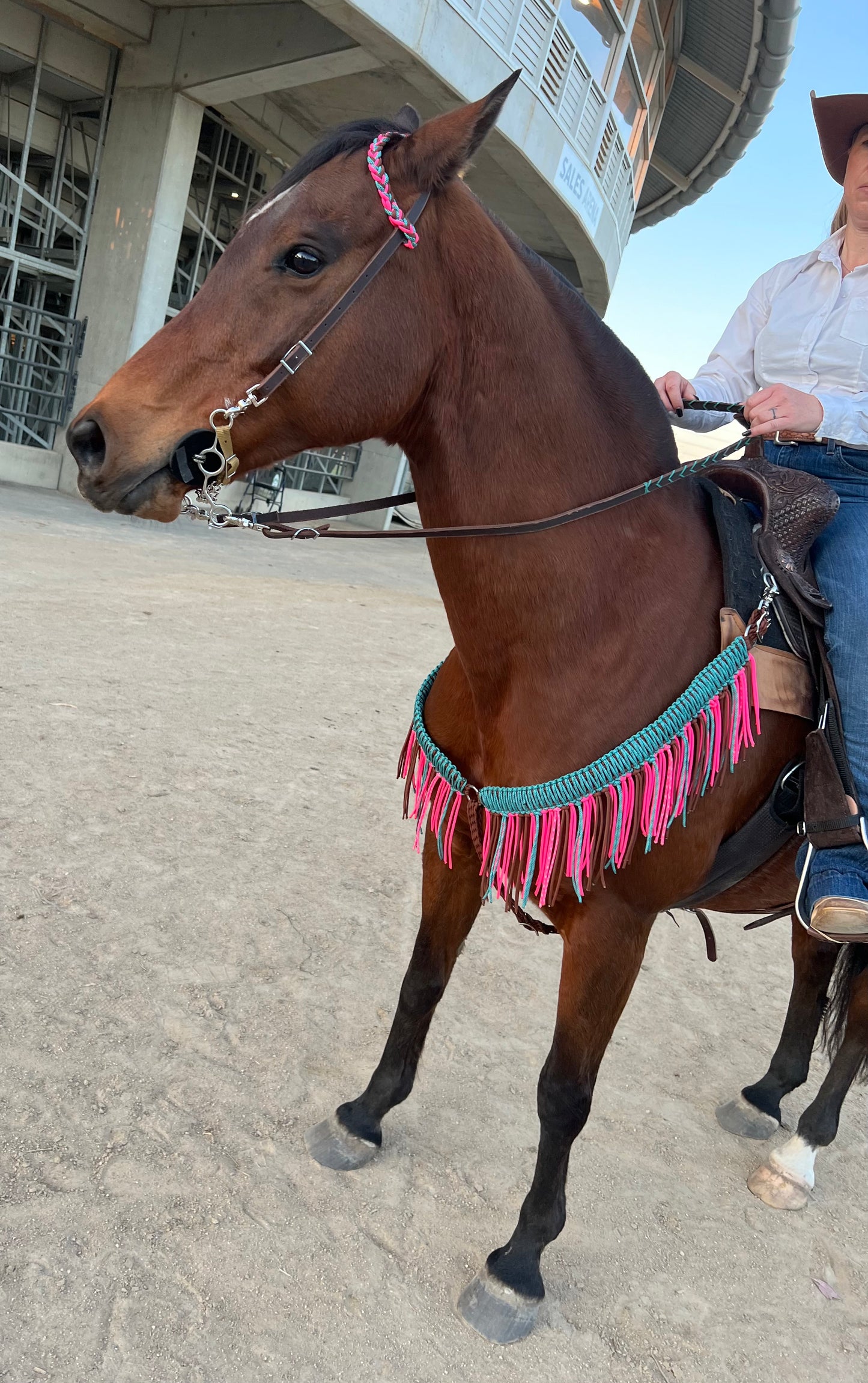B Brave Hot Pink, Teal & Rust Fringe Breast Collar – Hand Braided by Bar3H by bar3H Equine – Custom Western Tack Australia