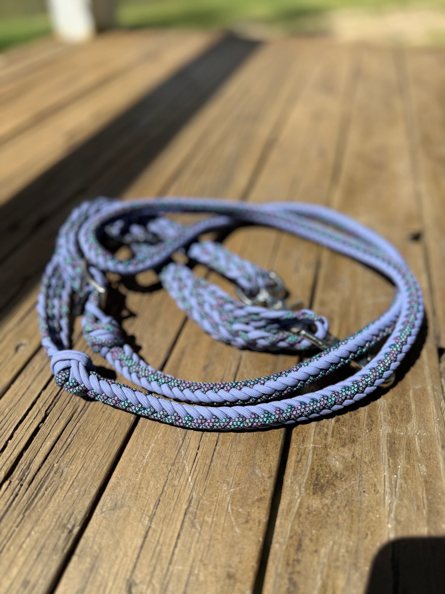 Hand-braided barrel racing reins in lavender and turquoise colour way