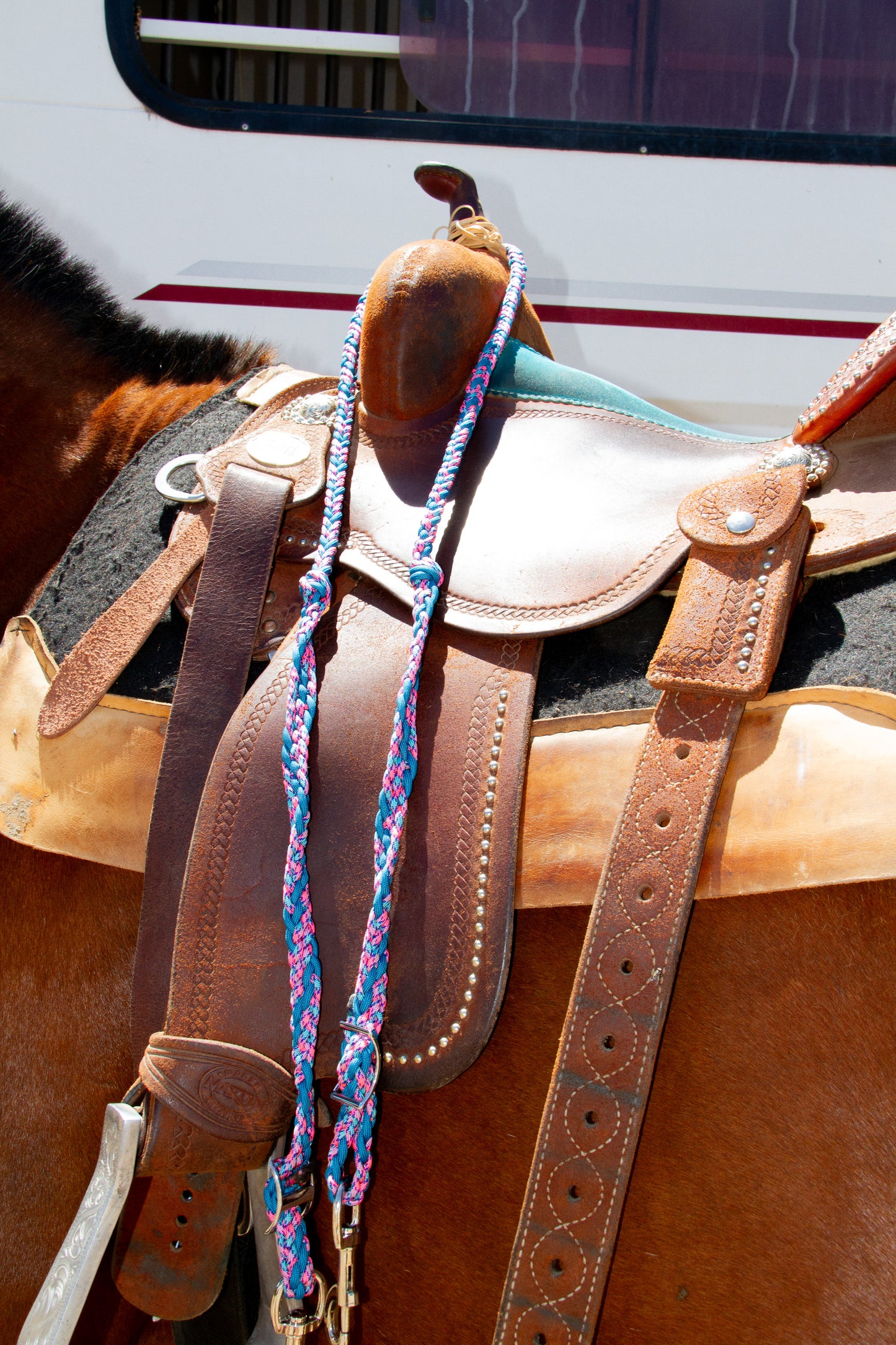 Roping Reins Hot Pink & Neon Turquoise 3-Strand Nylon Horse Reins