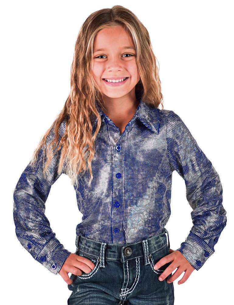 Cowgirl Tuff Youth Rodeo Shirt Royal Blue & Silver Pullover modeled by a smiling girl in denim jeans.