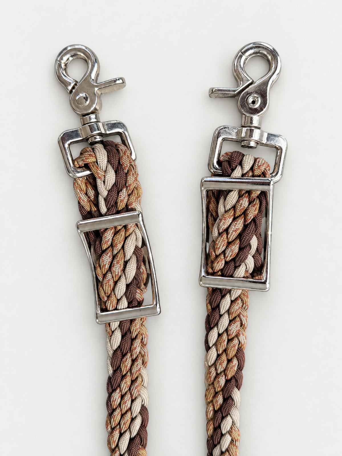 Brown & Taupe handbraided barrel reins — attachment fittings