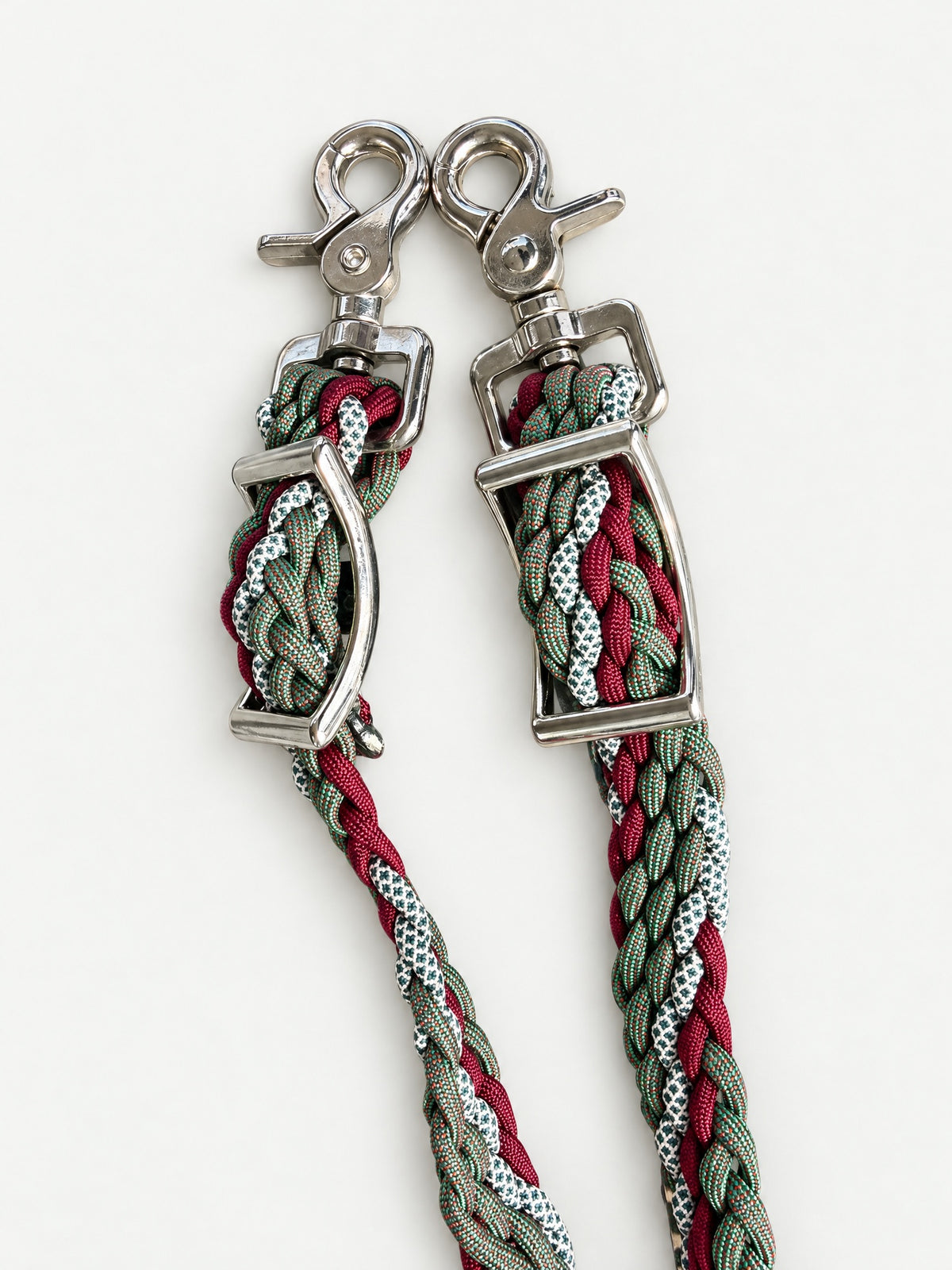 Burgundy, Green & White handbraided barrel reins — attachment fittings