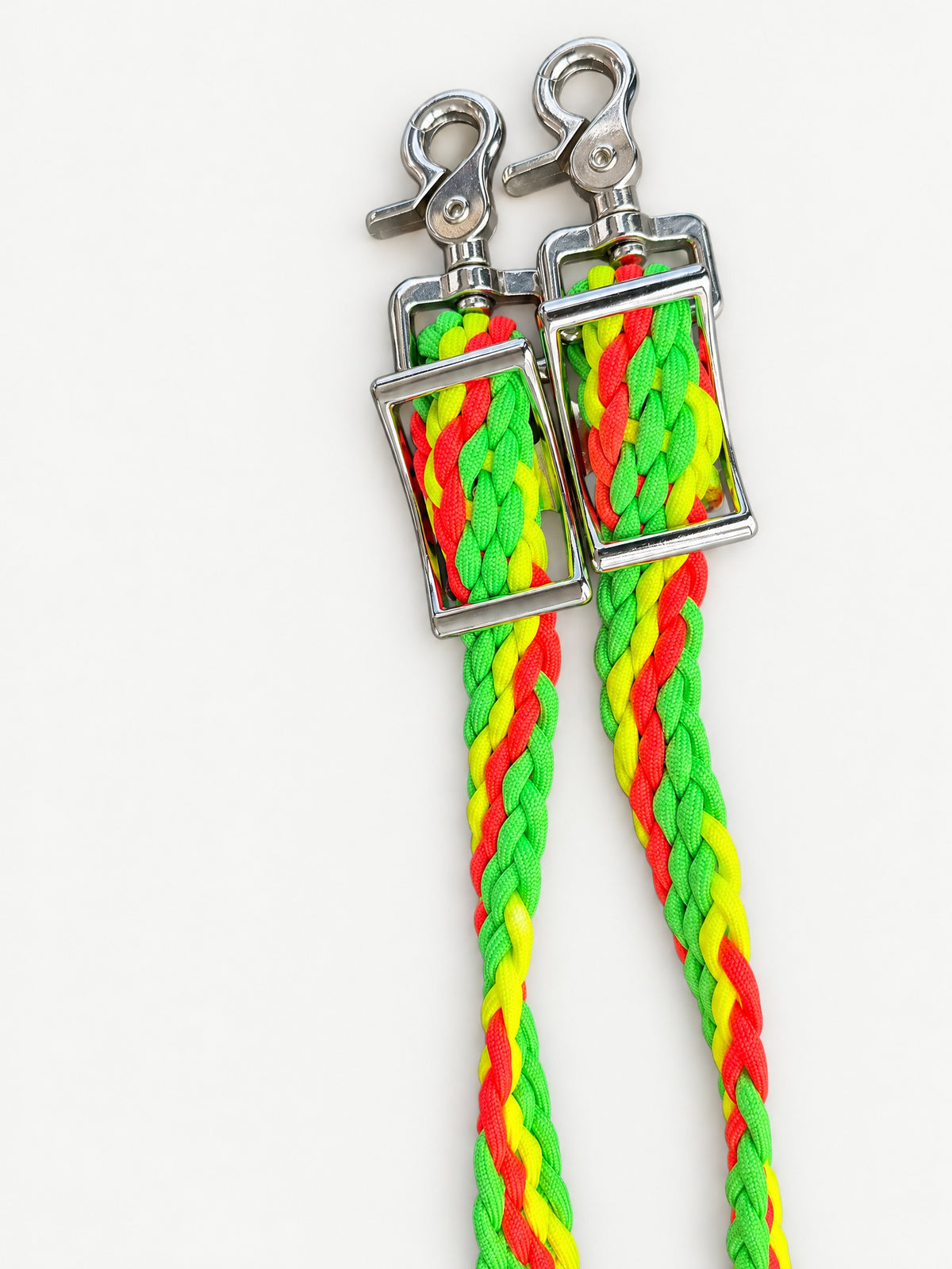 Neon Green, Yellow & Red handbraided barrel reins — attachment fittings
