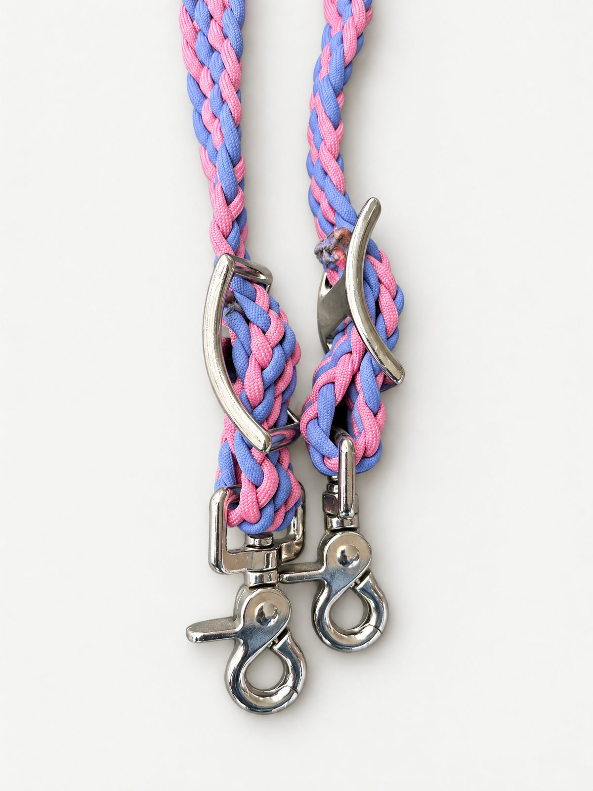 Pink & Lavender handbraided barrel reins — attachment fittings