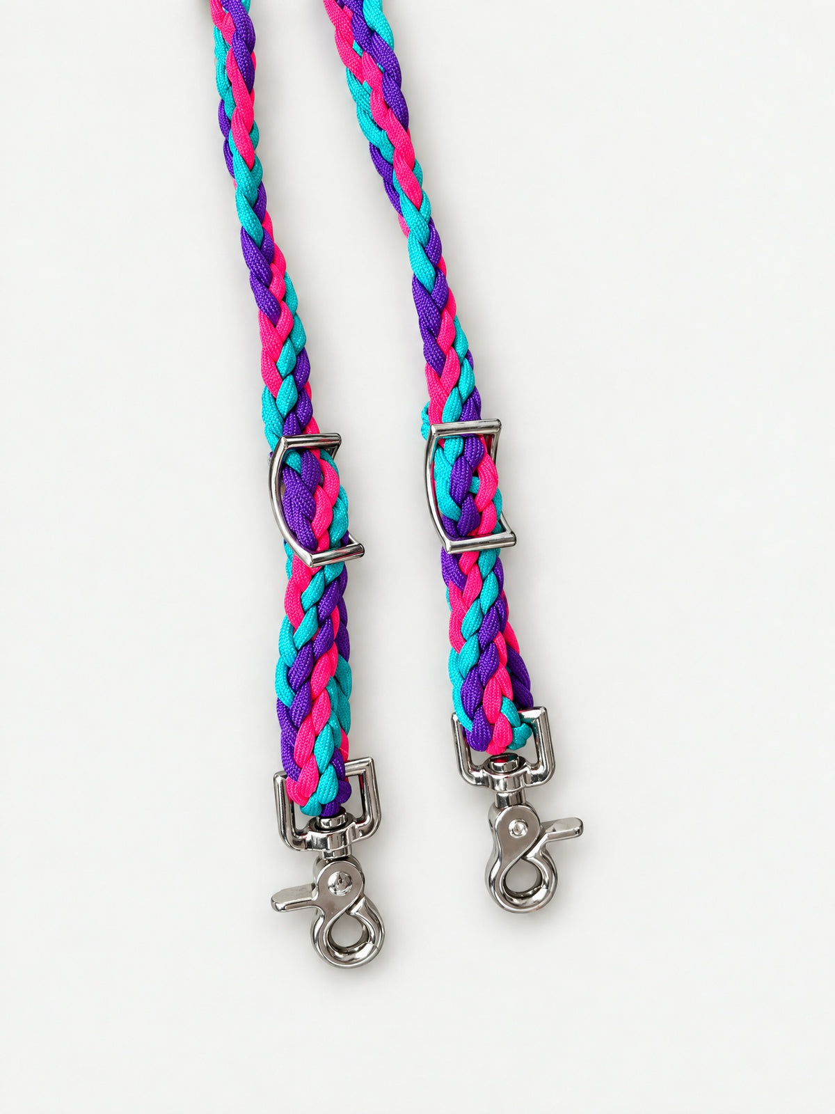 Pink, turquoise and purple roper reins — trigger snaps and adjustment fittings