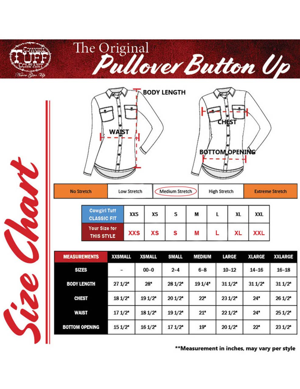 Cowgirl Tuff Rodeo Shirt Black Crystal Pullover size chart with measurements for different sizes