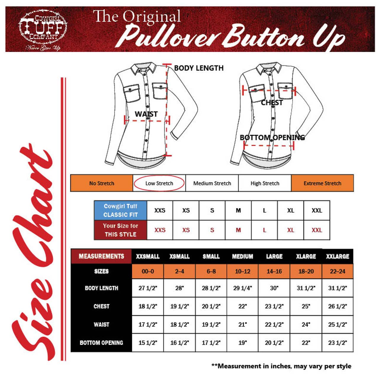 Size chart for Cowgirl Tuff Rodeo Shirt Copper Satin Pullover with measurements for various sizes.
