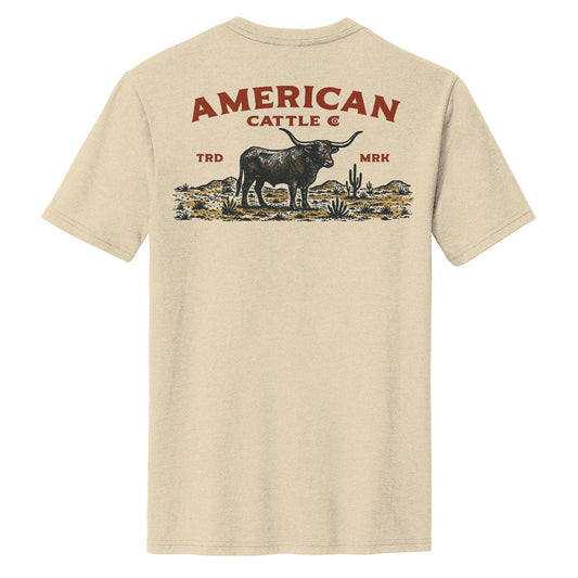 Desert Longhorn tee by American Cattle Co back view with western longhorn desert graphic