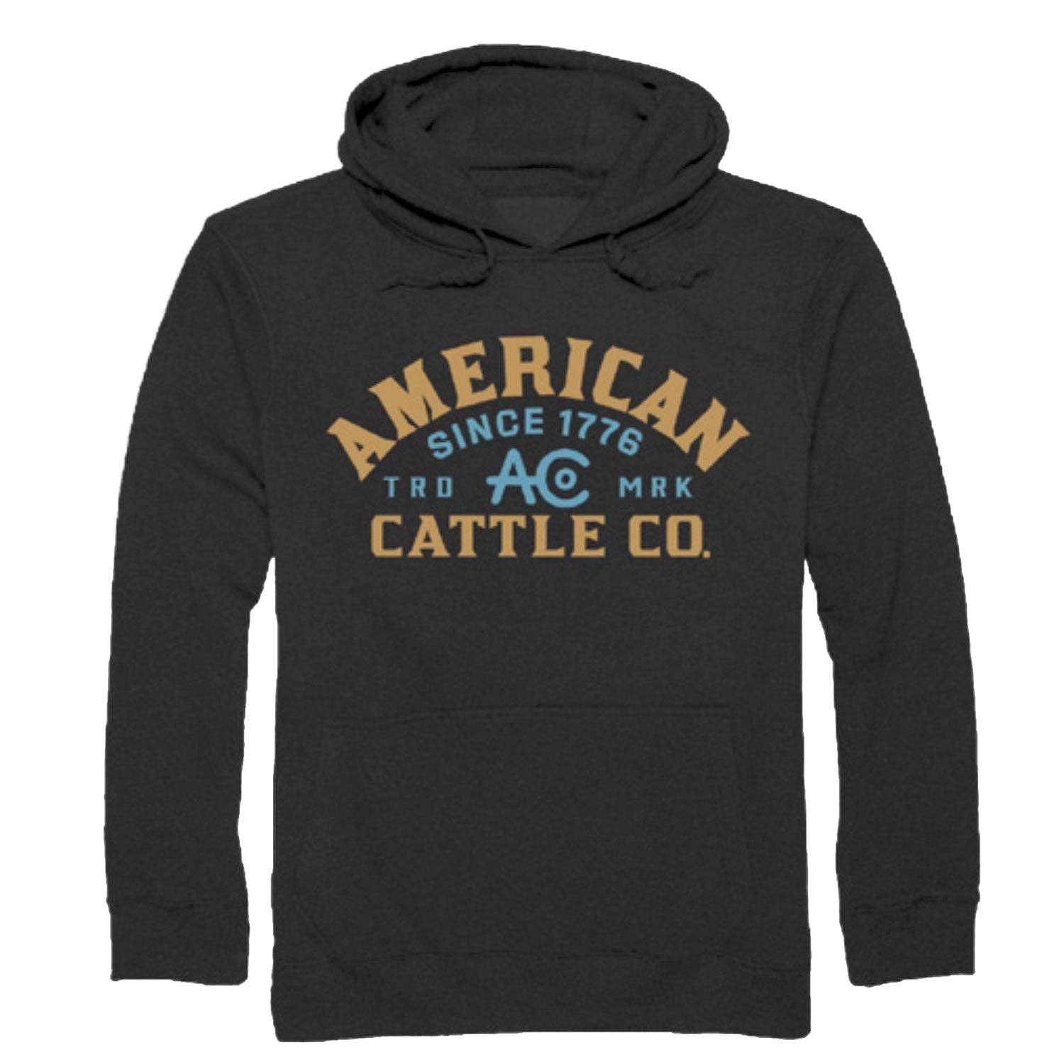 Black hoodie with 'American Cattle Co' text on a white background