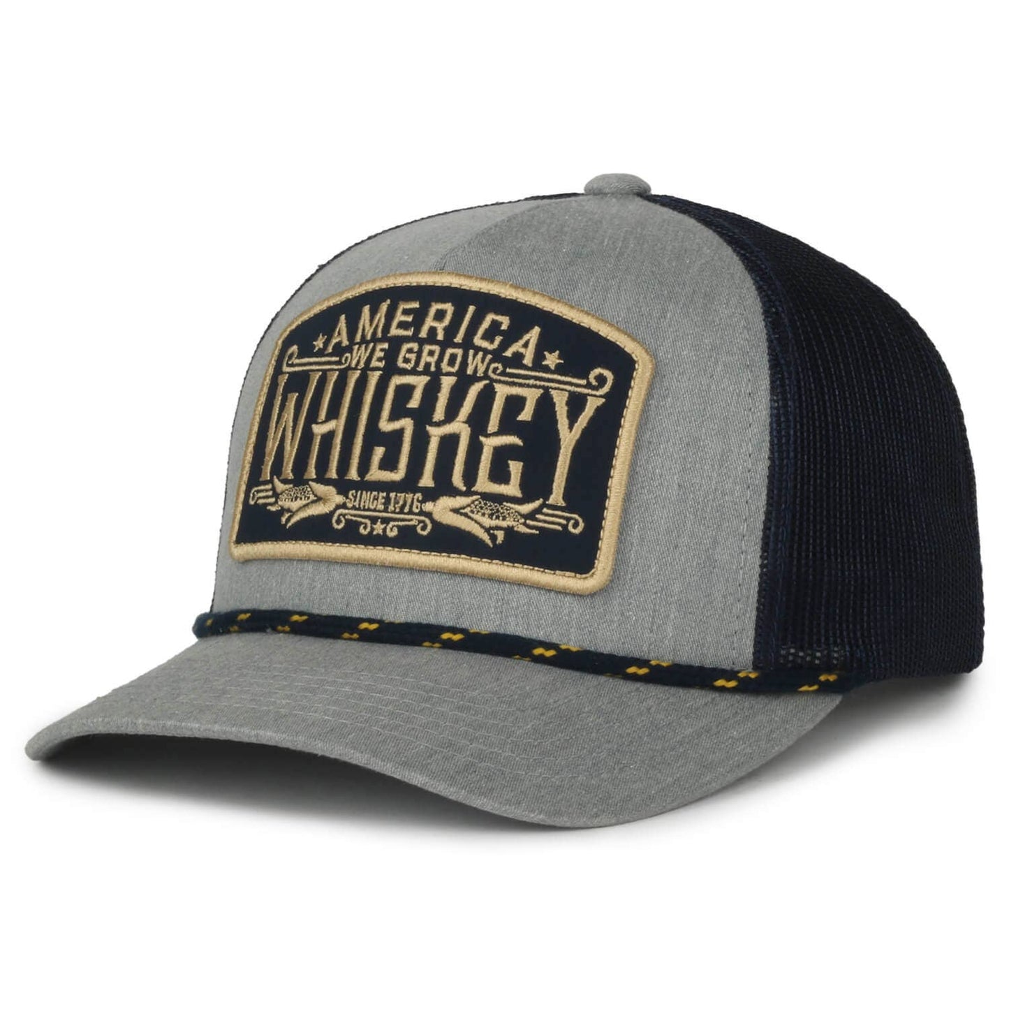 Gray and black cap with 'America We Grow Whiskey' patch on a white background
