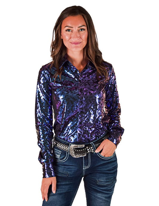 Cowgirl Tuff Rodeo Shirt Women Purple & Teal Metallic Pullover worn by model, showcasing western style and comfort.