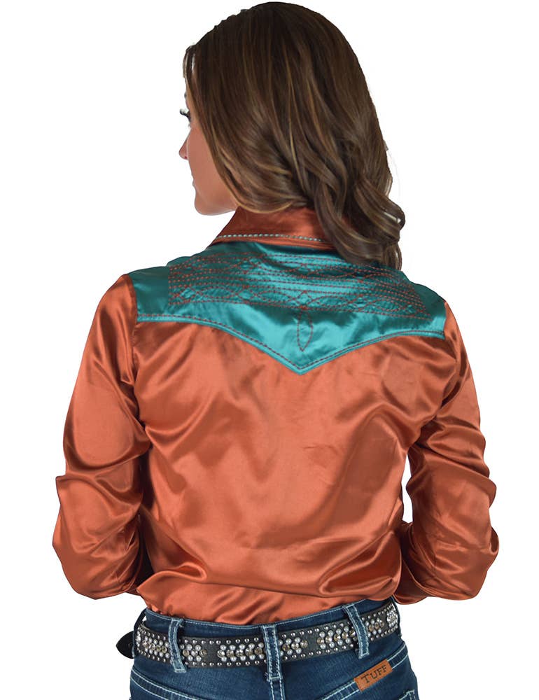 Rust & Turquoise Retro Bootstitch Embroidered Satin