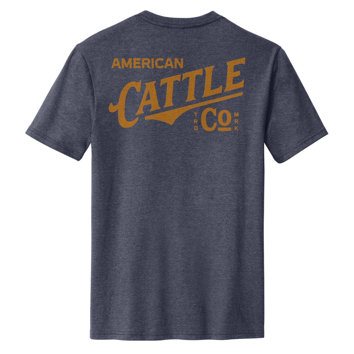 Red Label tee by American Cattle Co back view with large script logo on heather navy shirt