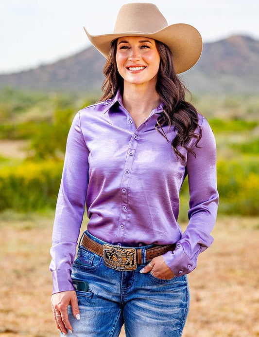 Lilac Soft Satin Pullover Button Up Medium Weight & Stretch