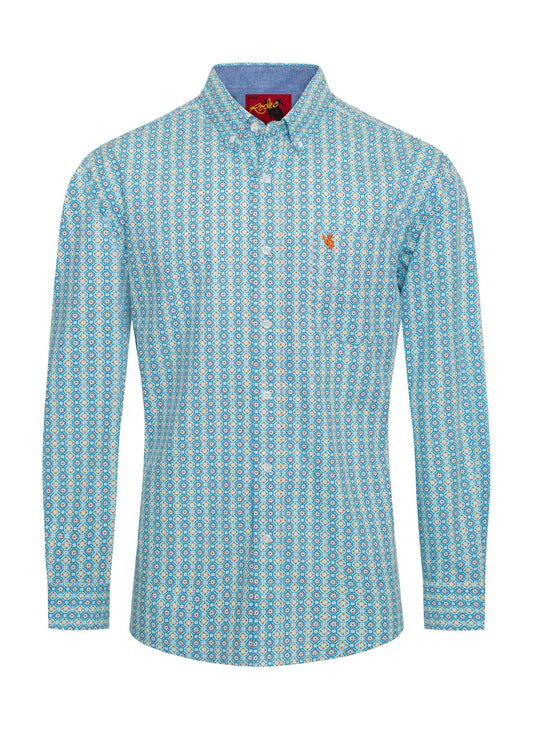 Men’s Long Sleeve Western Shirt – Blue Geo Print