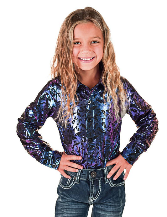 Cowgirl Tuff youth rodeo shirt in purple and teal iridescent design, modeled by a girl with long wavy hair.