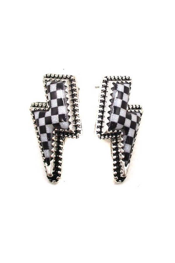 CHECKER THUNDER BOLT STUD EARRINGS