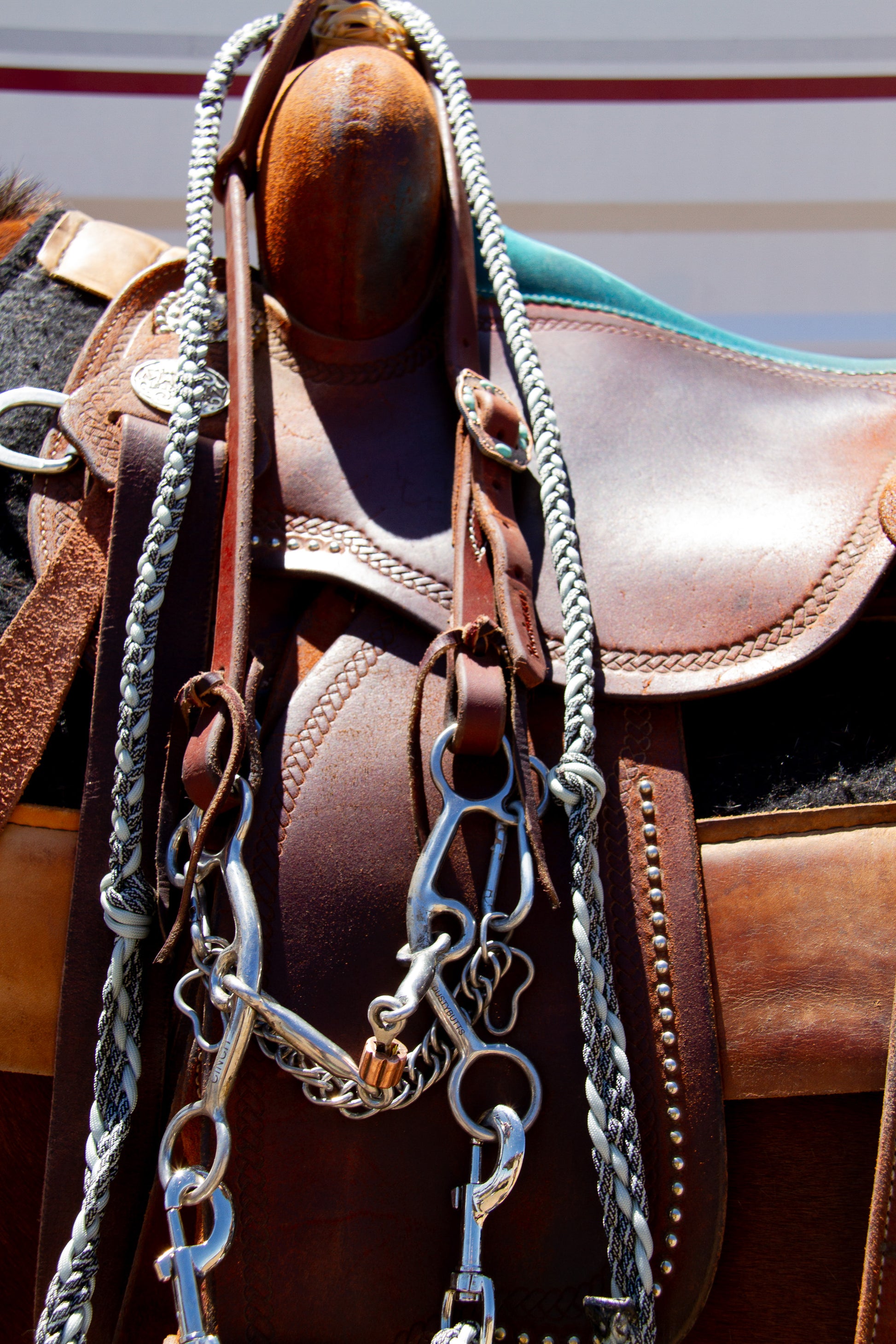 Close-up of a brown leather saddle with metal hardware on a blurred background