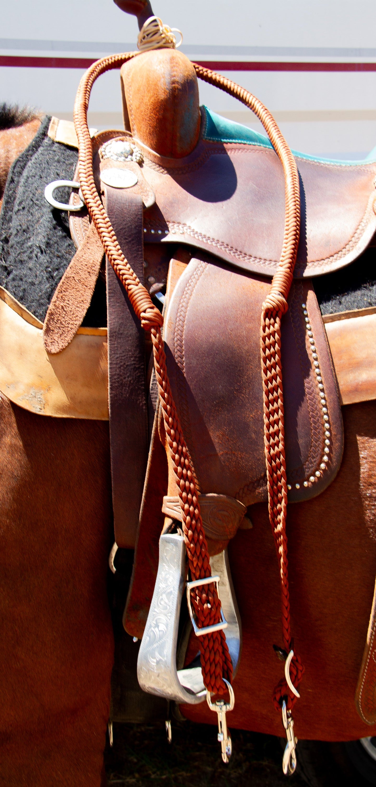 Close-up of a leather horse saddle with a bridle on a horse.