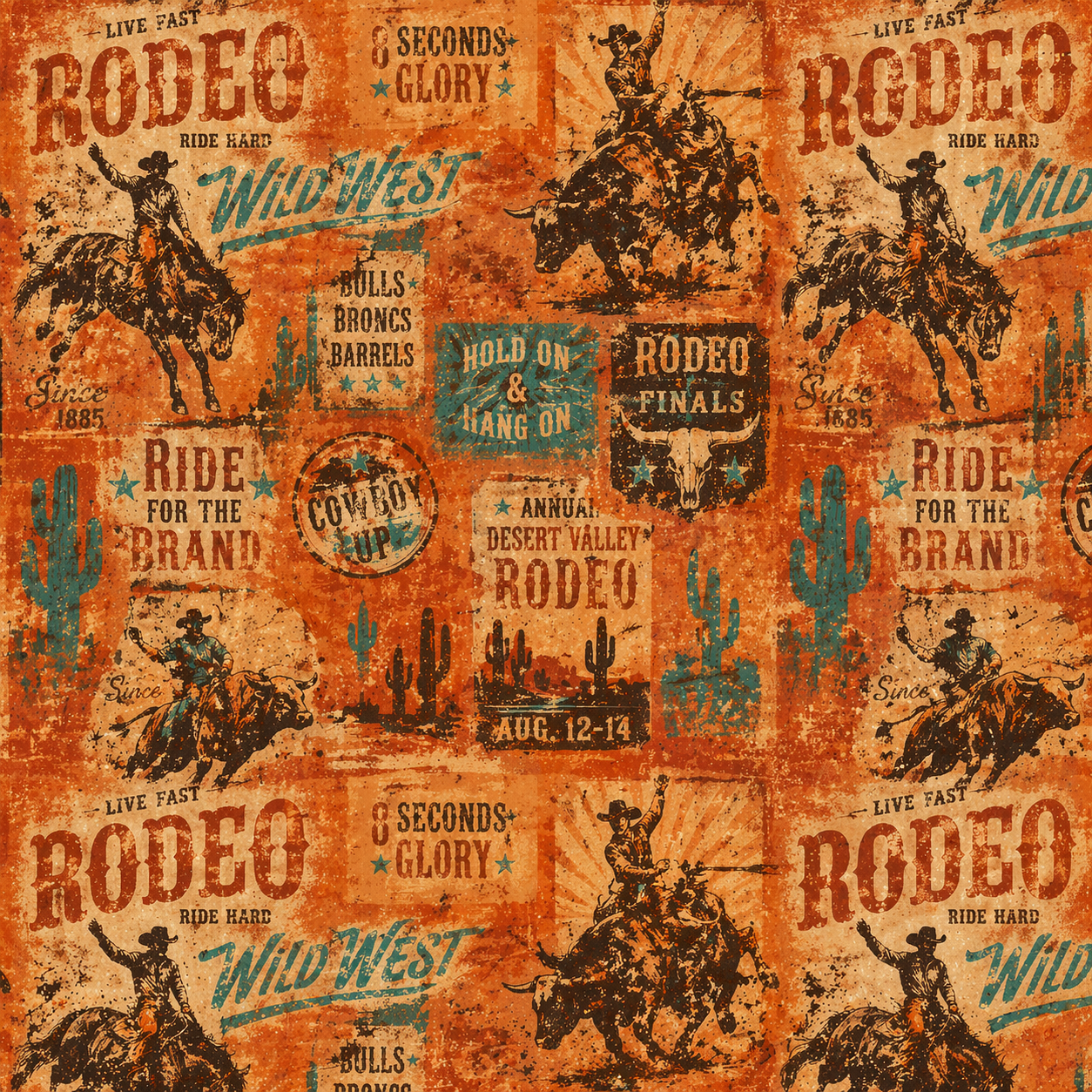Eight Seconds Wild Rag by Bar3H Equine featuring rodeo-inspired artwork with broncs, bulls and western graphics on an oversized wild rag in orange, turquoise and brown
