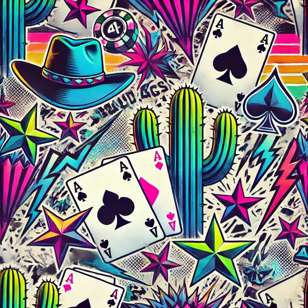 High Stakes Wild Rag featuring turquoise, teal, hot pink, black and white artwork with playing cards, stars and cactus details.