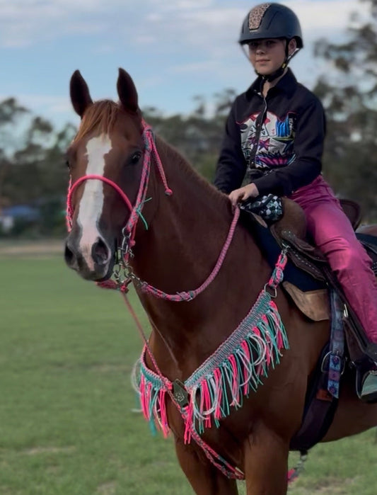 Hot Pink & Teal Bling Fringe Breast Collar | Western Barrel Racing Tack