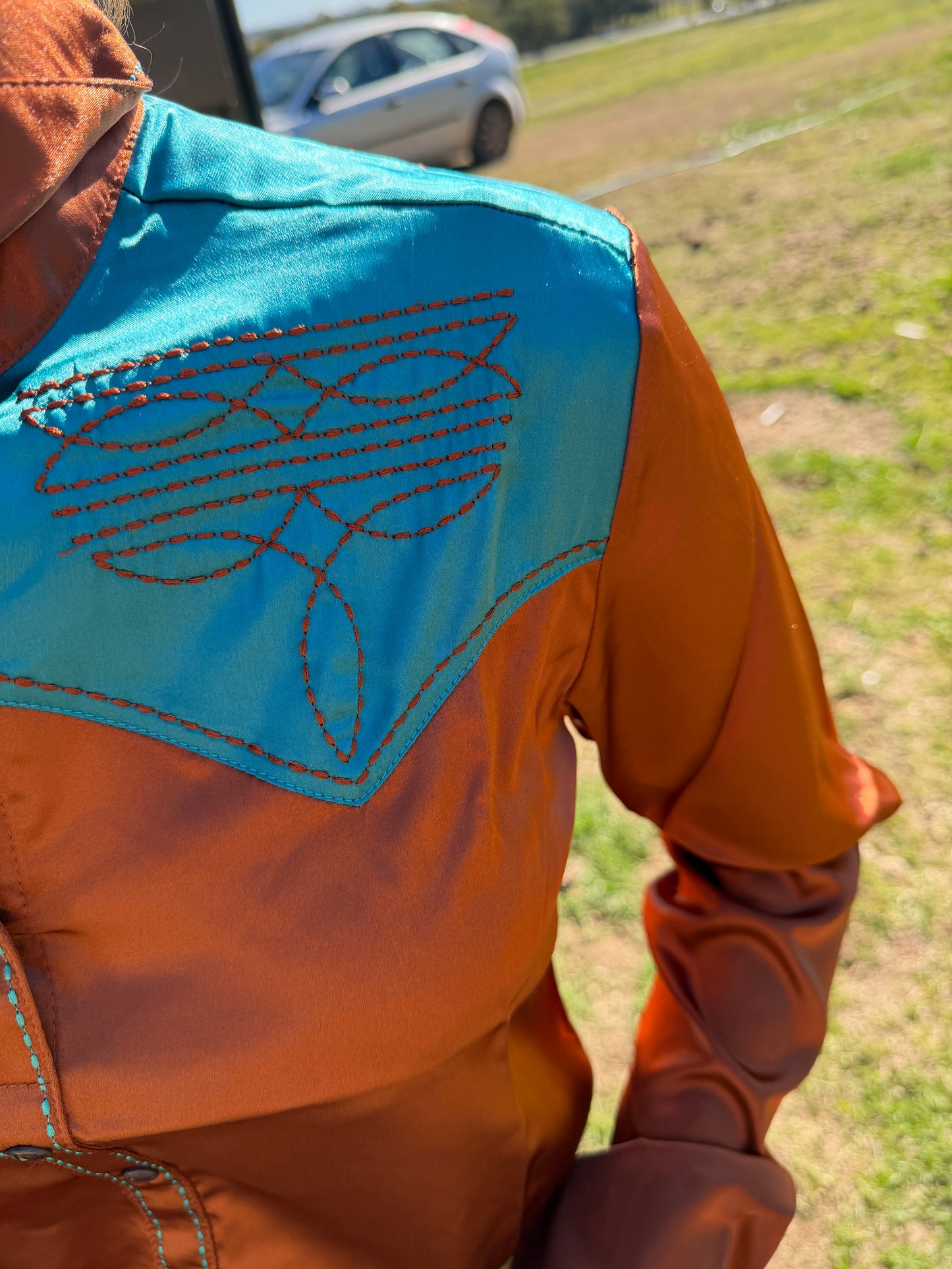 Rust and Turquoise Bootstitch Satin Rodeo Shirt