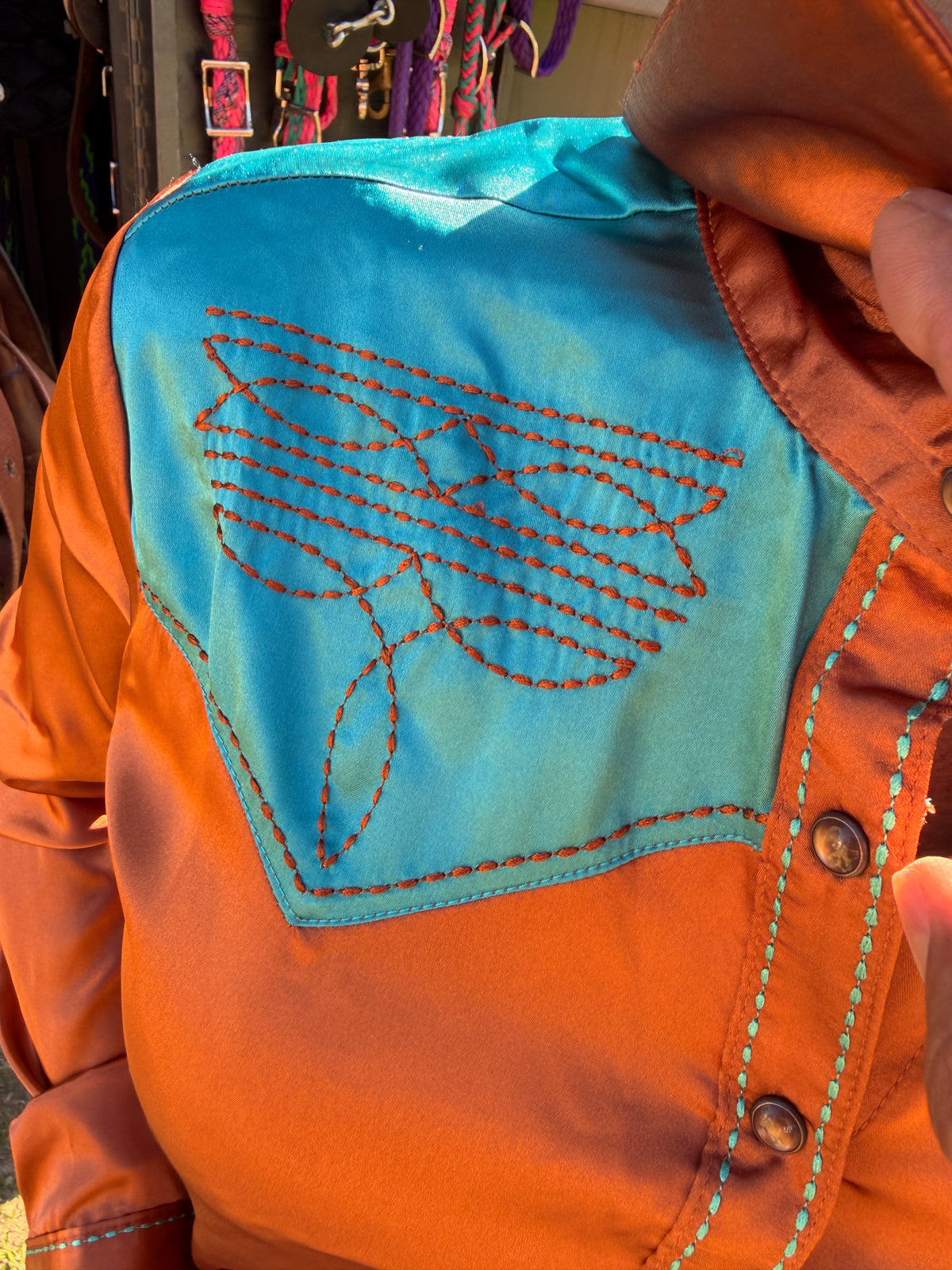 Rust and Turquoise Bootstitch Satin Rodeo Shirt