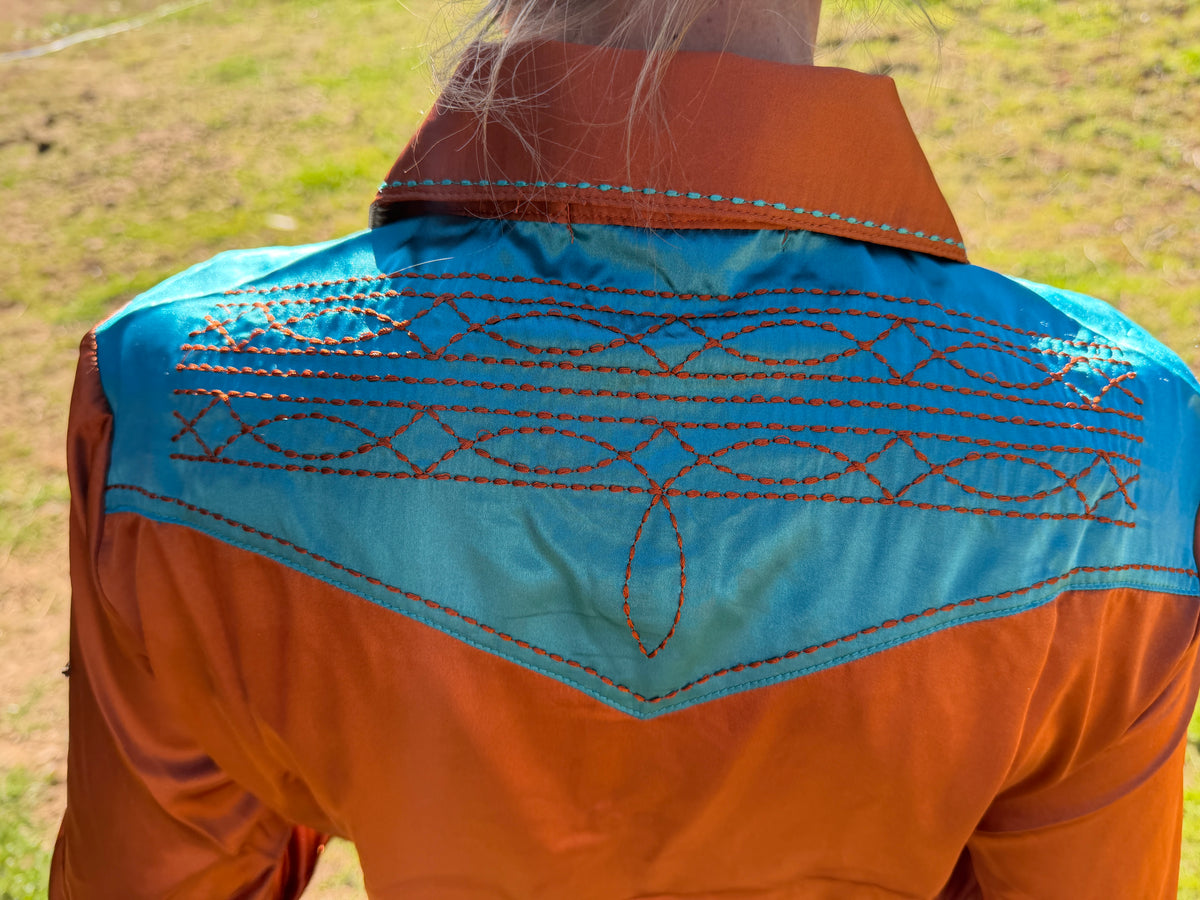 Rust and Turquoise Bootstitch Satin Rodeo Shirt