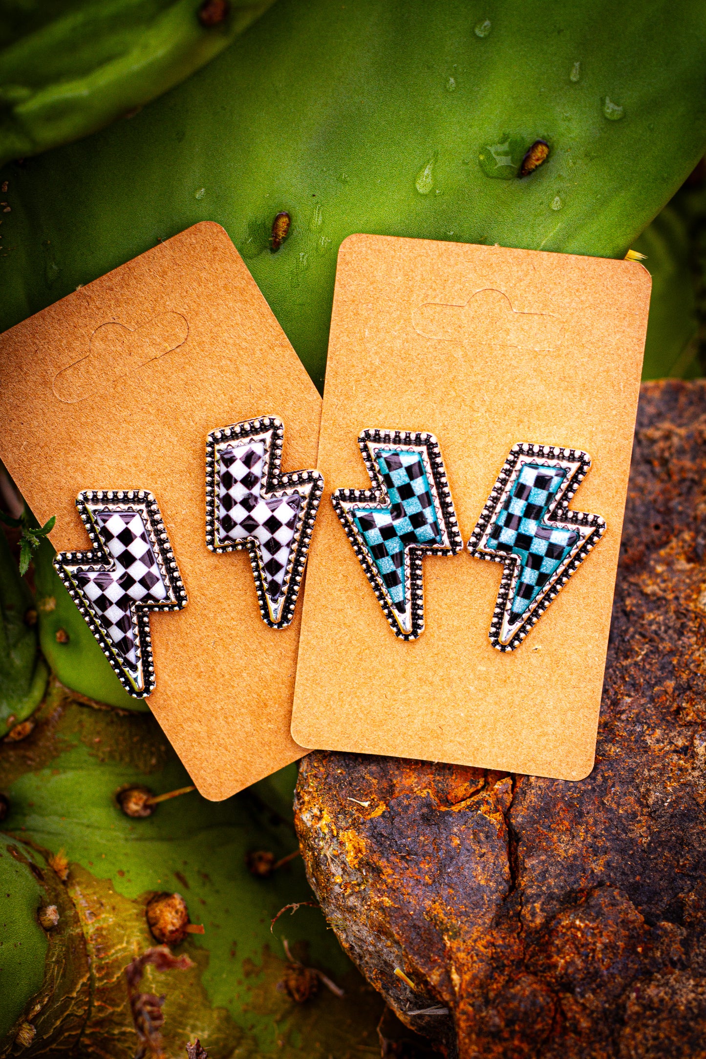 Lightening bolt checker earrings on cactus 