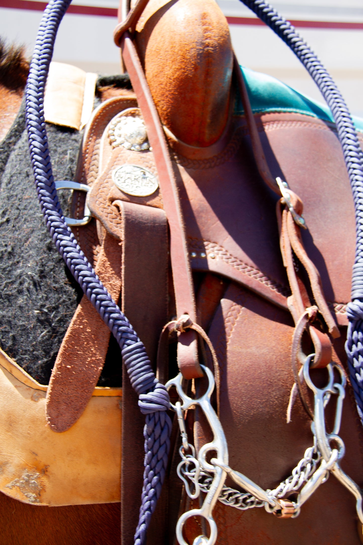 Close-up of a horse saddle with reins and bit on a blurred background
