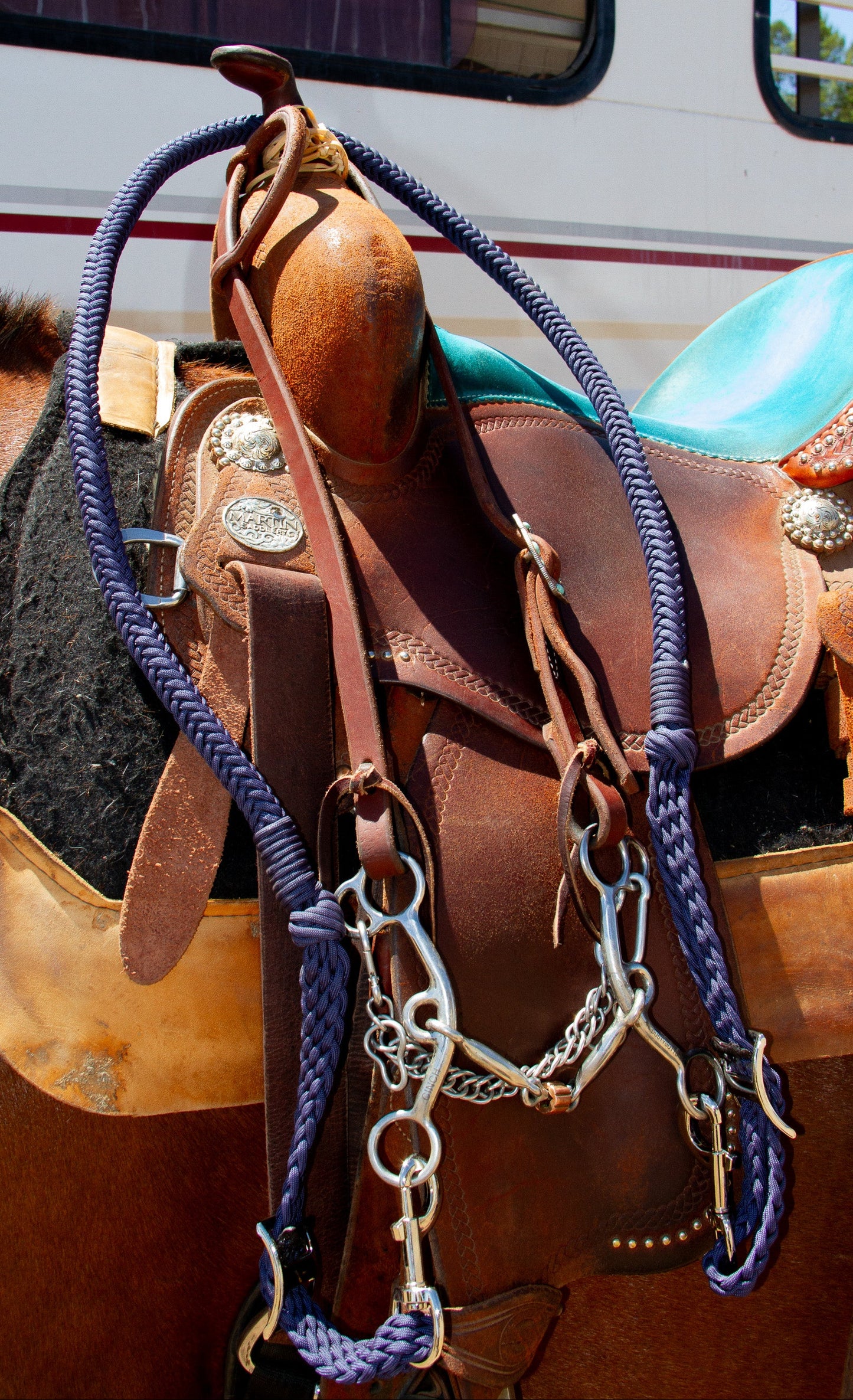 Close-up of a horse saddle with bridle and reins on a horse, with a vehicle in the background.