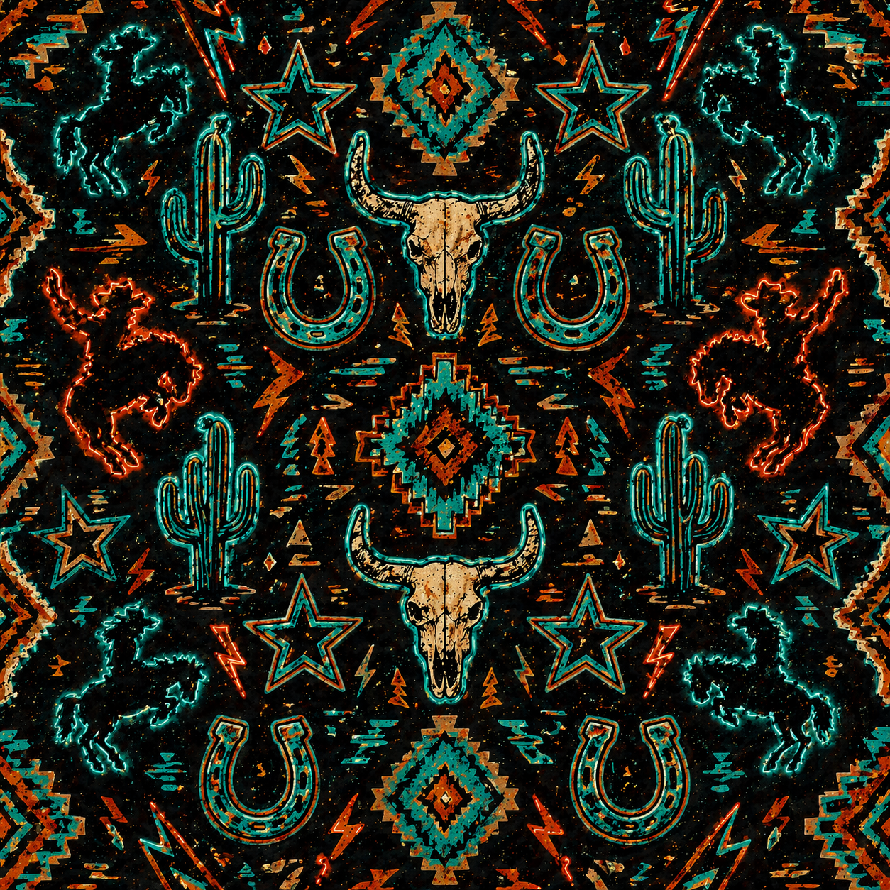 Renegade Wild Rag featuring turquoise, burnt orange and black western artwork with longhorn skulls, horseshoes, cacti and bronc silhouettes