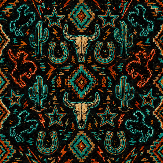Renegade Wild Rag featuring turquoise, burnt orange and black western artwork with longhorn skulls, horseshoes, cacti and bronc silhouettes