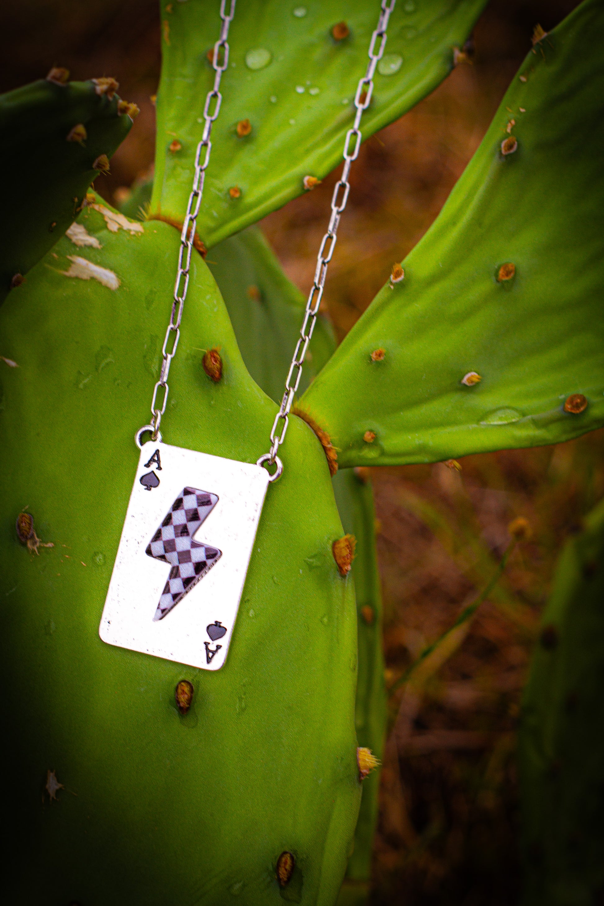 Silver necklace with a card-shaped pendant featuring a white and black checker design, placed on a green leaf.