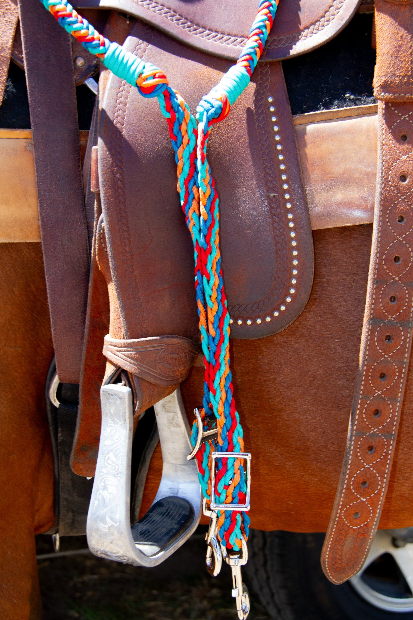 Teal Blue Orange Red Stabiliser Reins – 6–7ft Barrel Racing Reins