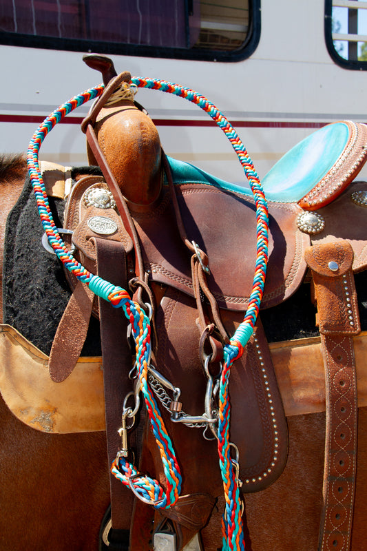 Teal Blue Orange Red Stabiliser Reins – 6–7ft Barrel Racing Reins