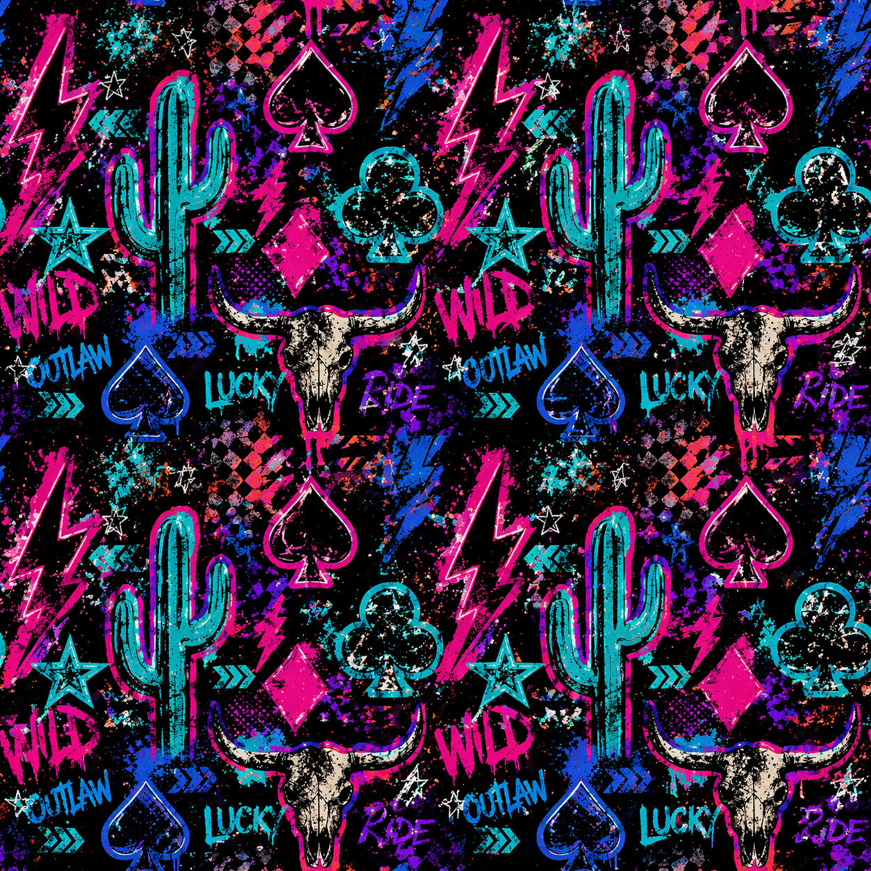 Wild Rag features a striking combination of black, turquoise, pink, purple and ivory tones with longhorn skulls, horseshoes, cacti and western-inspired details.