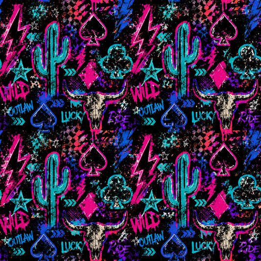 Wild Rag features a striking combination of black, turquoise, pink, purple and ivory tones with longhorn skulls, horseshoes, cacti and western-inspired details.