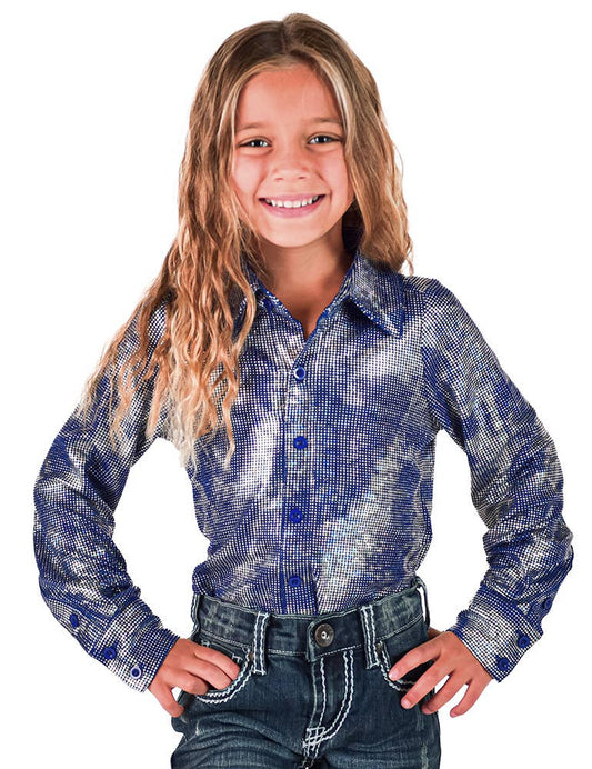 Cowgirl Tuff Youth Rodeo Shirt Royal Blue & Silver Pullover modeled by a smiling girl in denim jeans.