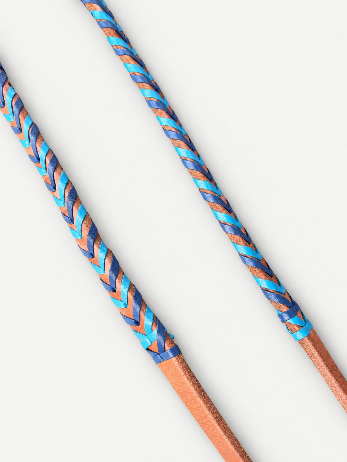 Blue, Turquoise & Orange double-laced leather reins — lacing detail