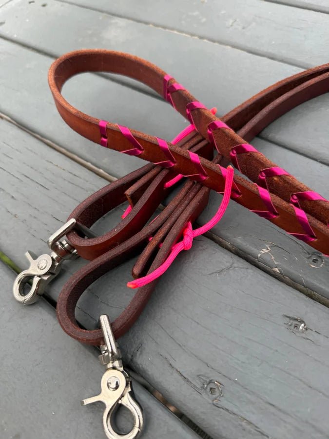 Herman Oak Leather Reins – Brown with Custom Kangaroo Lacing by bar3H Equine 