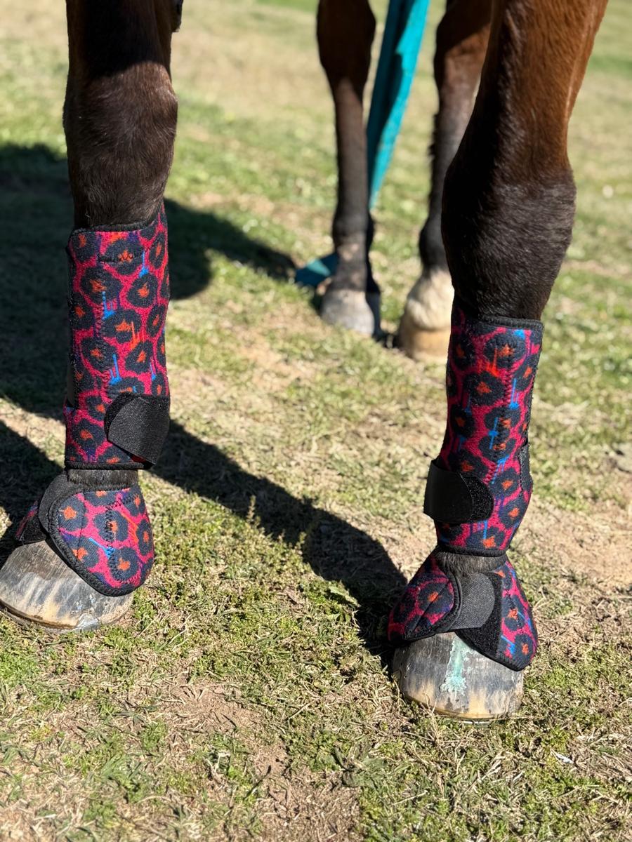 Leopard Print Bell Boots – Breathable Overreach Protection by bar3H Equine – Custom Western Tack Australia