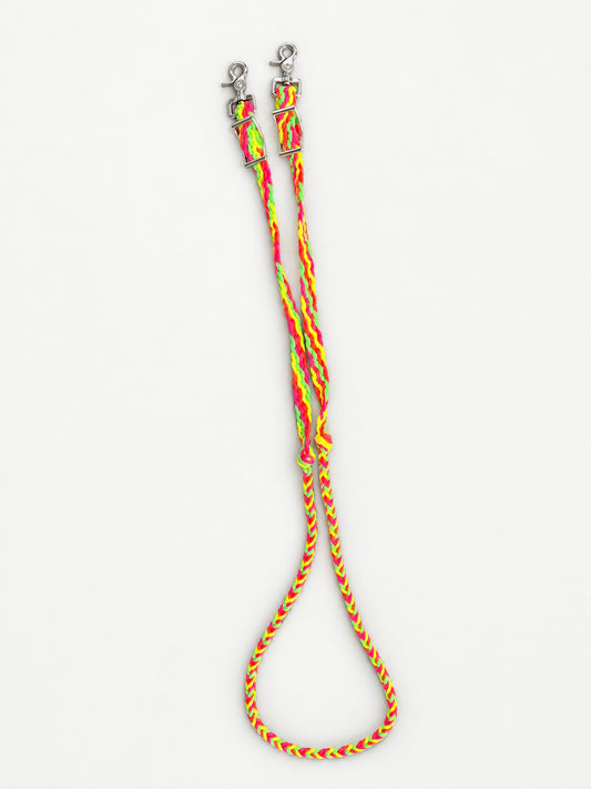Neon Pink, Yellow & Green handbraided barrel reins — full set