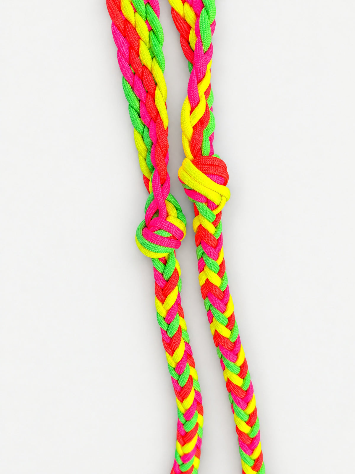 Neon Pink, Yellow & Green handbraided barrel reins — braid detail