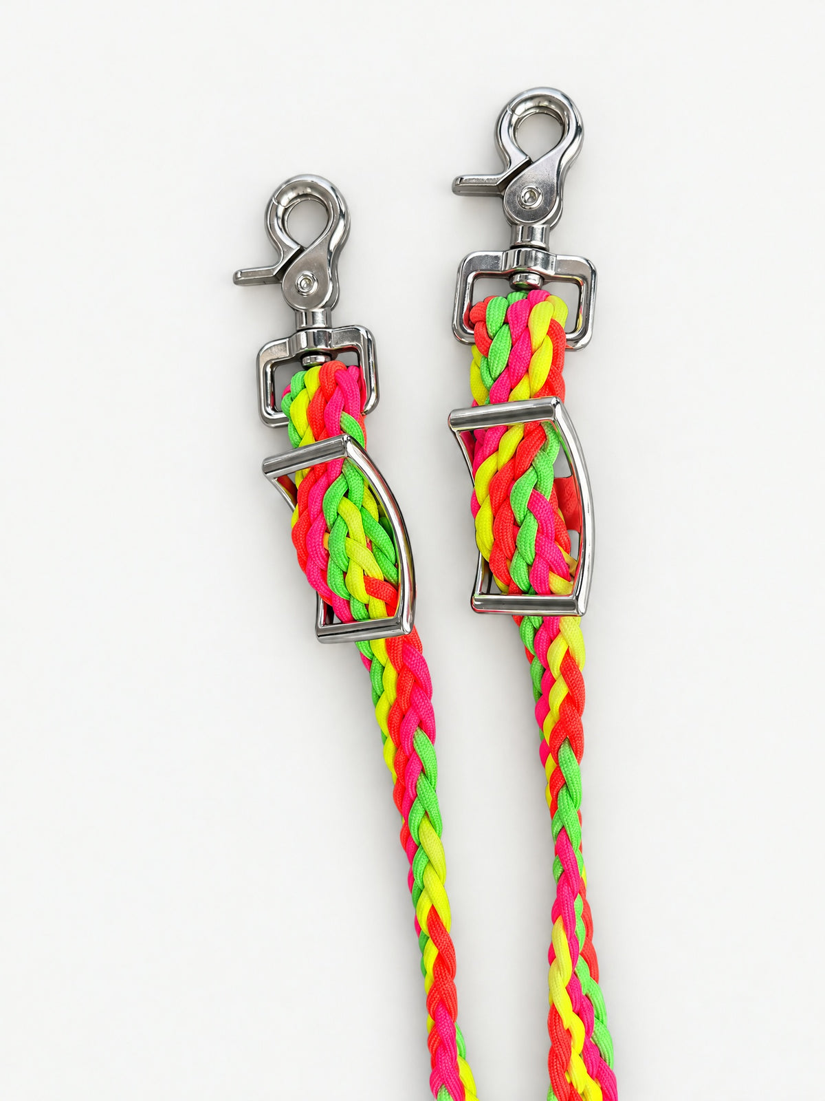Neon Pink, Yellow & Green handbraided barrel reins — attachment fittings